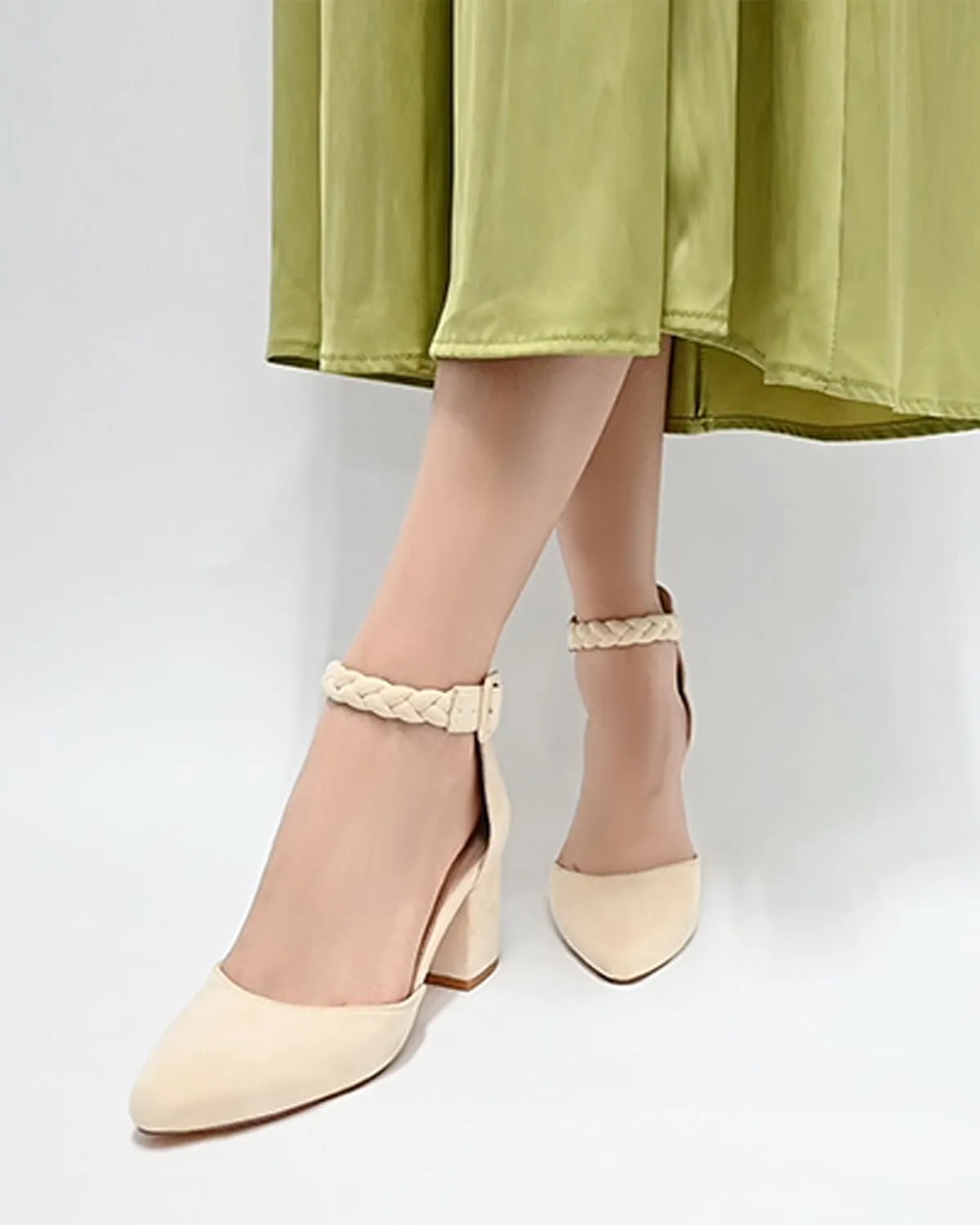 Pointed Toe Pumps Dress Shoes for Women with Black Chunky Heels Ankle Strap Wedding Shoes