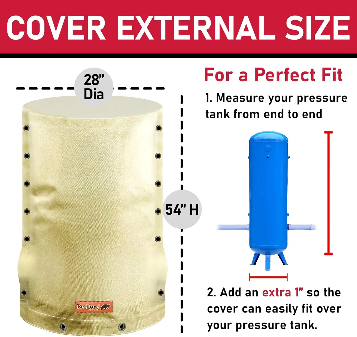 Redford Supply Co. Cold Snap (5F) Round Pressure Tank Insulation, 3-Way Round, 28"Diameter x 54"H, Water Well Tank Cover Insulated, Well Pump Freeze Proof for Winter (Beige)