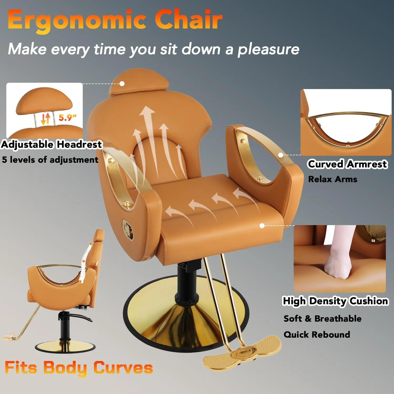 Salon Barber Chair, Reclining Salon Chair for Hair Stylist, Hair Salon Chair with Heavy Duty Hydraulic Pump, 360 Degrees Swivel Styling Braiding Hairdresser Chair for Home Barbershop, Brown Gold