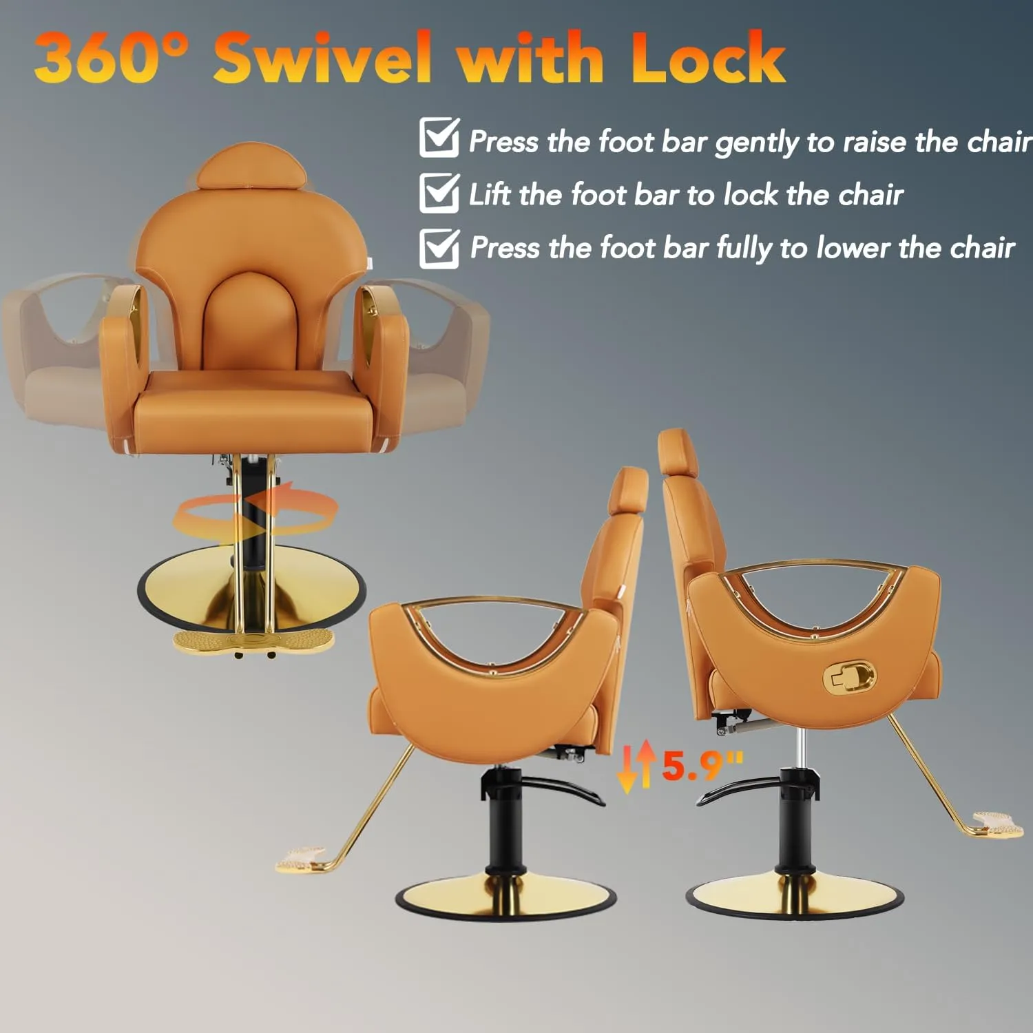 Salon Barber Chair, Reclining Salon Chair for Hair Stylist, Hair Salon Chair with Heavy Duty Hydraulic Pump, 360 Degrees Swivel Styling Braiding Hairdresser Chair for Home Barbershop, Brown Gold