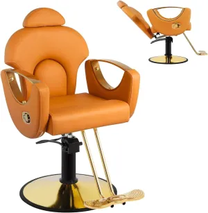 Salon Barber Chair, Reclining Salon Chair for Hair Stylist, Hair Salon Chair with Heavy Duty Hydraulic Pump, 360 Degrees Swivel Styling Braiding Hairdresser Chair for Home Barbershop, Brown Gold