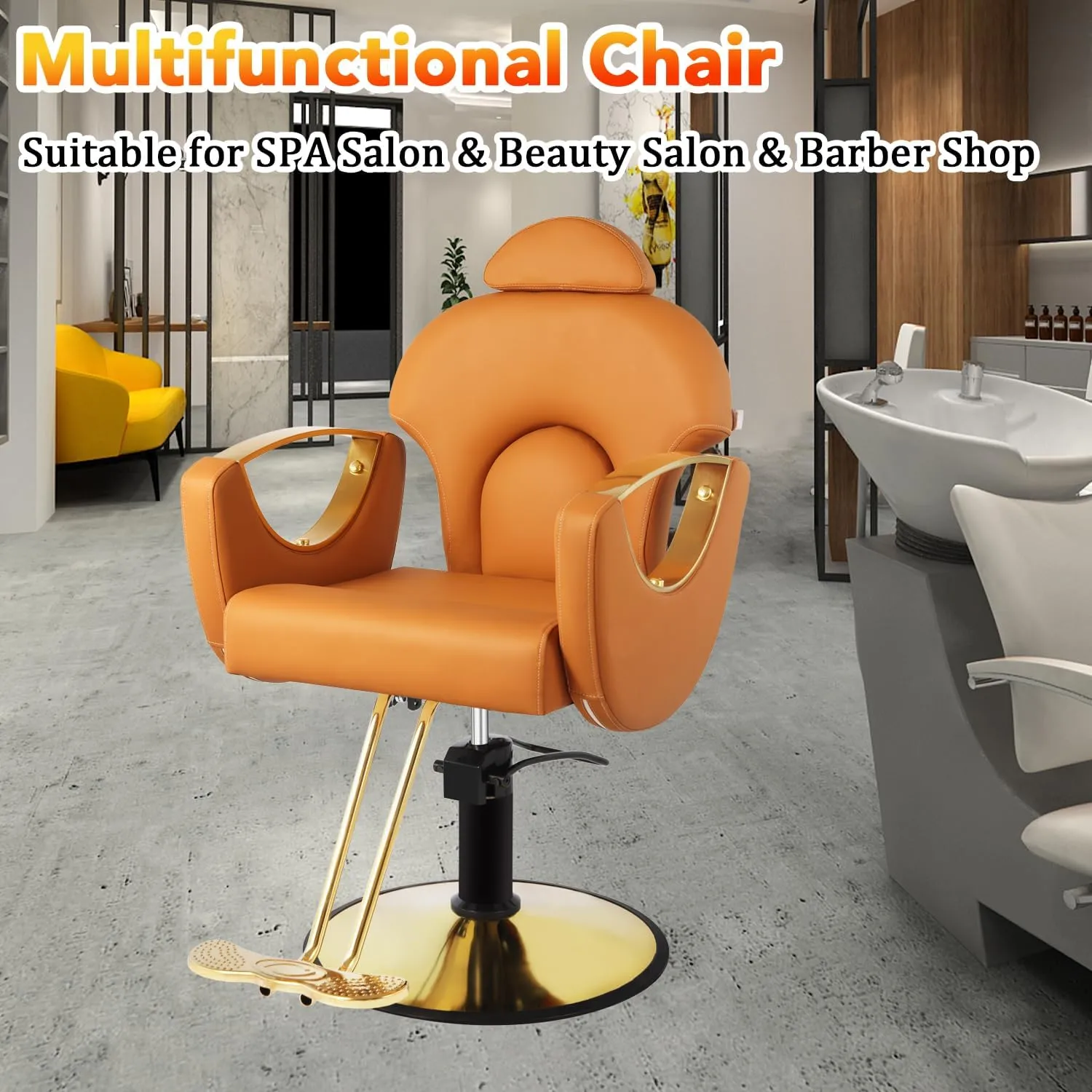 Salon Barber Chair, Reclining Salon Chair for Hair Stylist, Hair Salon Chair with Heavy Duty Hydraulic Pump, 360 Degrees Swivel Styling Braiding Hairdresser Chair for Home Barbershop, Brown Gold