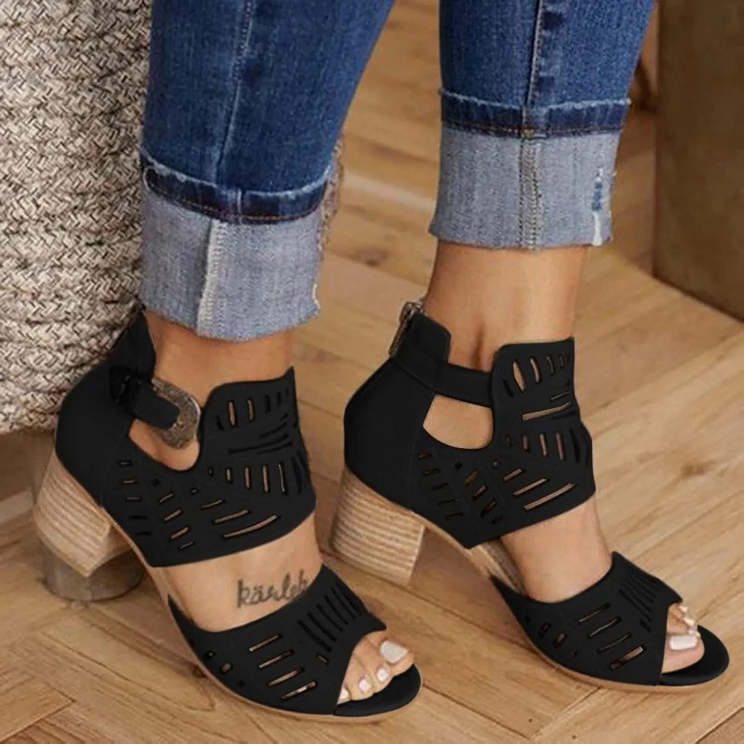 Sandals Women Dressy Summer, Sandals for Women Suede Peep Toe Ankle Booties Cut Out Stacked Heel Ankle Boots