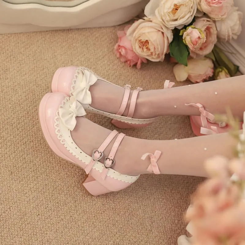 Seborluys Lolita Chunky Heel Mary Janes Shoes Womens with Bow Kawaii Cute Dress Platform Strappy Pumps Costume Cosplay Round Toe Pump Shoe Sweet Rockabilly Pumps