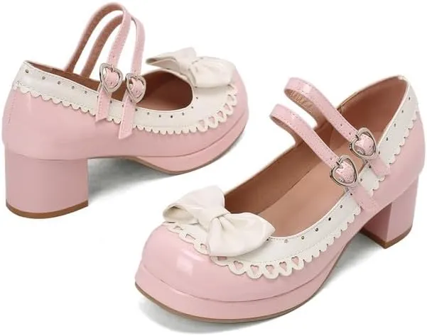Seborluys Lolita Chunky Heel Mary Janes Shoes Womens with Bow Kawaii Cute Dress Platform Strappy Pumps Costume Cosplay Round Toe Pump Shoe Sweet Rockabilly Pumps