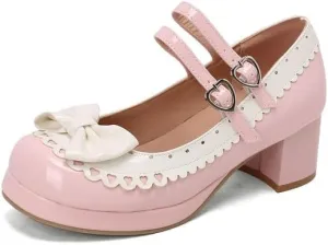 Seborluys Lolita Chunky Heel Mary Janes Shoes Womens with Bow Kawaii Cute Dress Platform Strappy Pumps Costume Cosplay Round Toe Pump Shoe Sweet Rockabilly Pumps