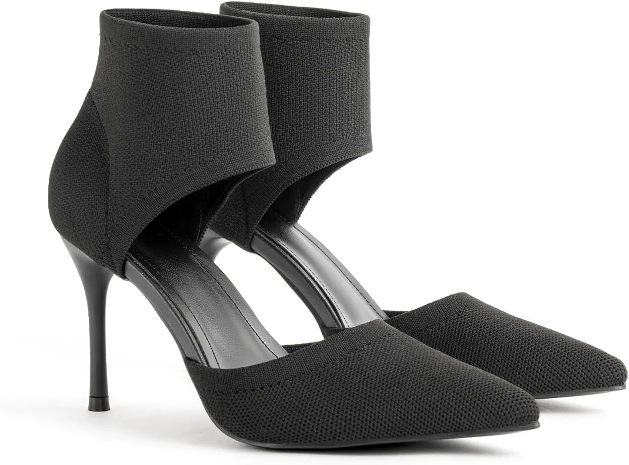 Sexy Black Heels Pumps for Women 3.7 Inches Closed Toe Stiletto Heel Knit Sandals Pointed Toe Stretchy Sock-Like Elastic Sandal Booties for Summer Slip On Comfortable Women Dress Shoes
