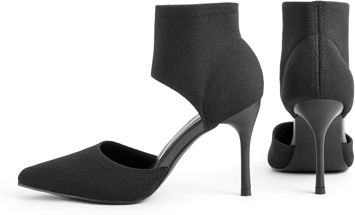 Sexy Black Heels Pumps for Women 3.7 Inches Closed Toe Stiletto Heel Knit Sandals Pointed Toe Stretchy Sock-Like Elastic Sandal Booties for Summer Slip On Comfortable Women Dress Shoes