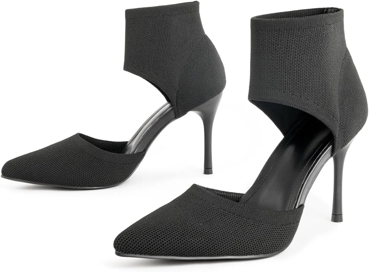 Sexy Black Heels Pumps for Women 3.7 Inches Closed Toe Stiletto Heel Knit Sandals Pointed Toe Stretchy Sock-Like Elastic Sandal Booties for Summer Slip On Comfortable Women Dress Shoes