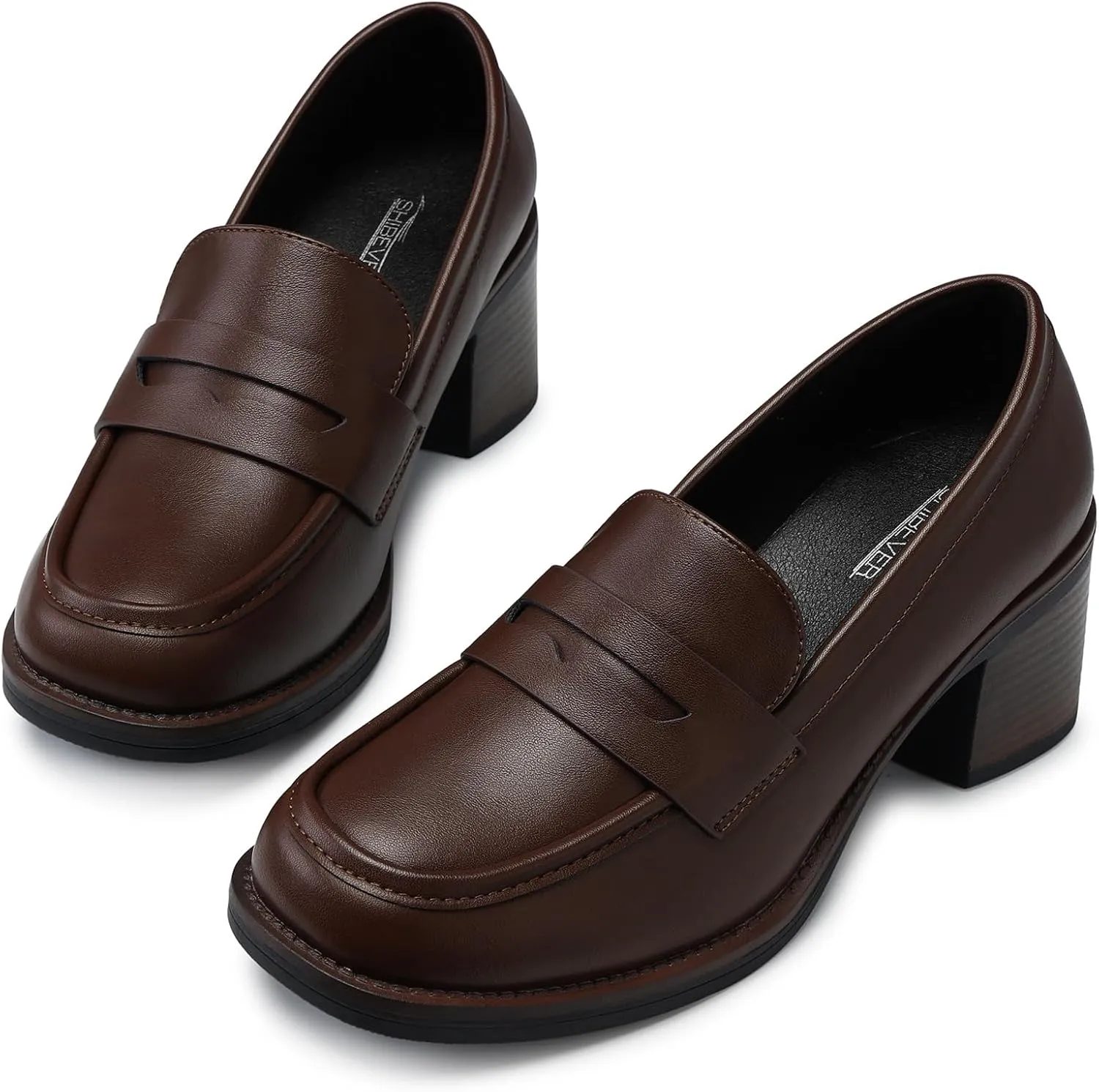 SHIBEVER Women's Low-Heeled Loafers: Block Heel Dressy Penny Loafer Slip-On Business Casual Women Shoes