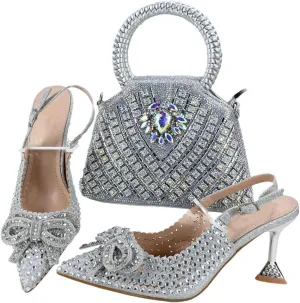 Shimmering Crystal Evening Banquet High Heel Pumps Italian Leather Clutch Bag Set