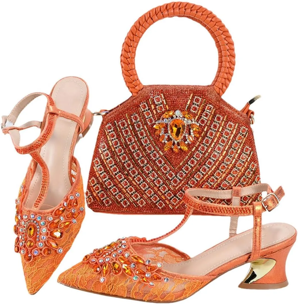Shimmering Crystal Evening Banquet High Heel Pumps Italian Leather Clutch Bag Set