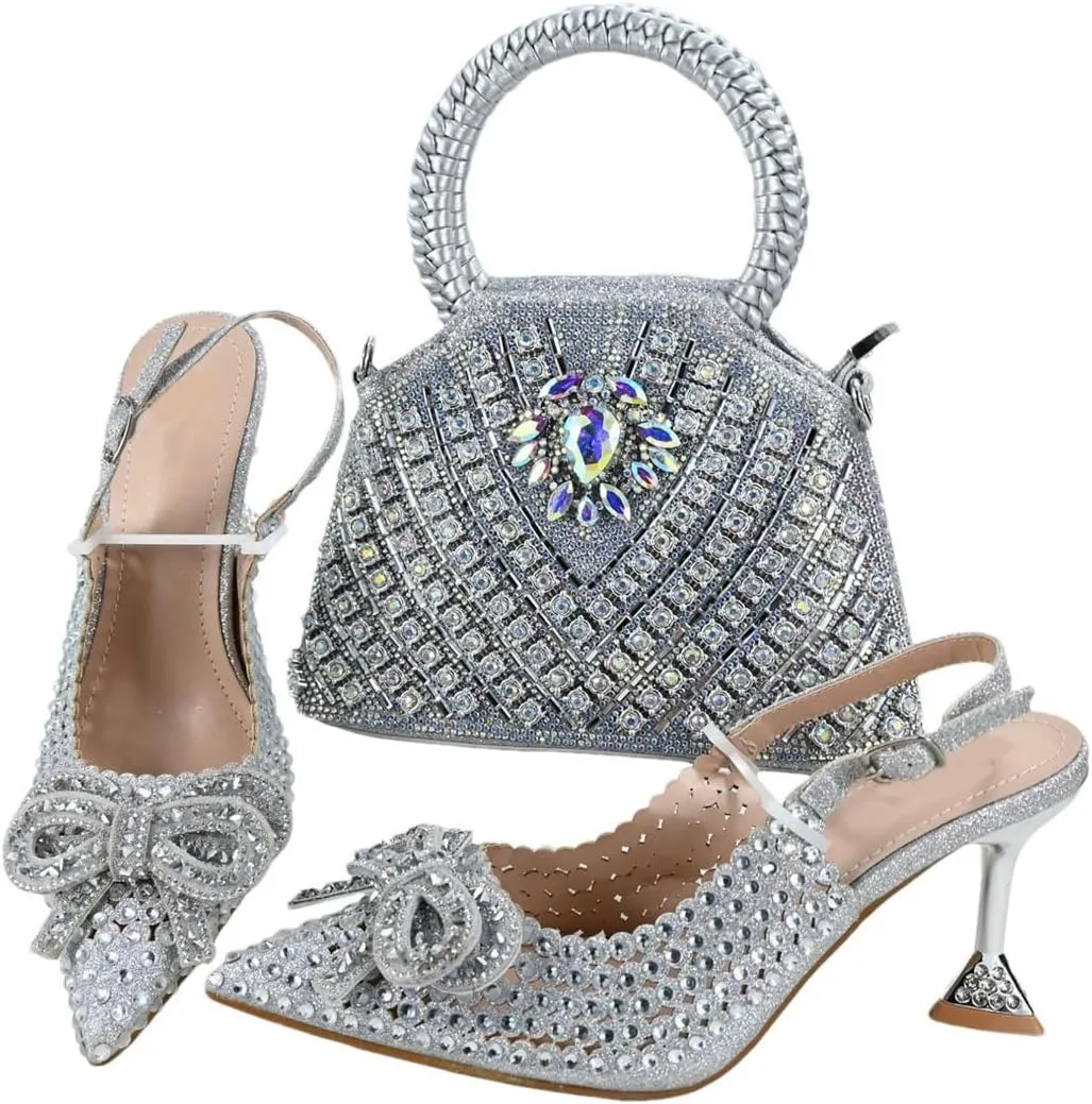 Shimmering Crystal Evening Banquet High Heel Pumps Italian Leather Clutch Bag Set