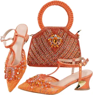 Shimmering Crystal Evening Banquet High Heel Pumps Italian Leather Clutch Bag Set