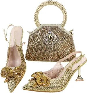 Shimmering Crystal Evening Banquet High Heel Pumps Italian Leather Clutch Bag Set
