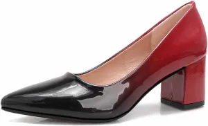 Slip On Low Block Pumps for Women Patent Leather Comfortable 2.36 Inch Women's Closed Pointy Toe Chunky Heels Two Tone Work Dress Party Pump Shoes