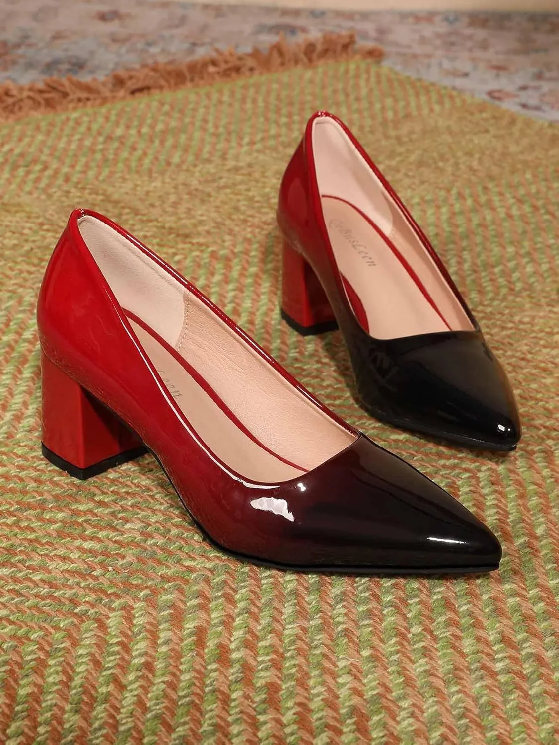 Slip On Low Block Pumps for Women Patent Leather Comfortable 2.36 Inch Women's Closed Pointy Toe Chunky Heels Two Tone Work Dress Party Pump Shoes