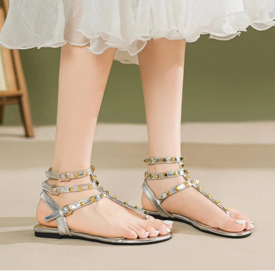Studded Flat Thong Sandals for Women Slingback Three Adjustable Buckle Strap Gladiator Sandals Casual Summer Sandals
