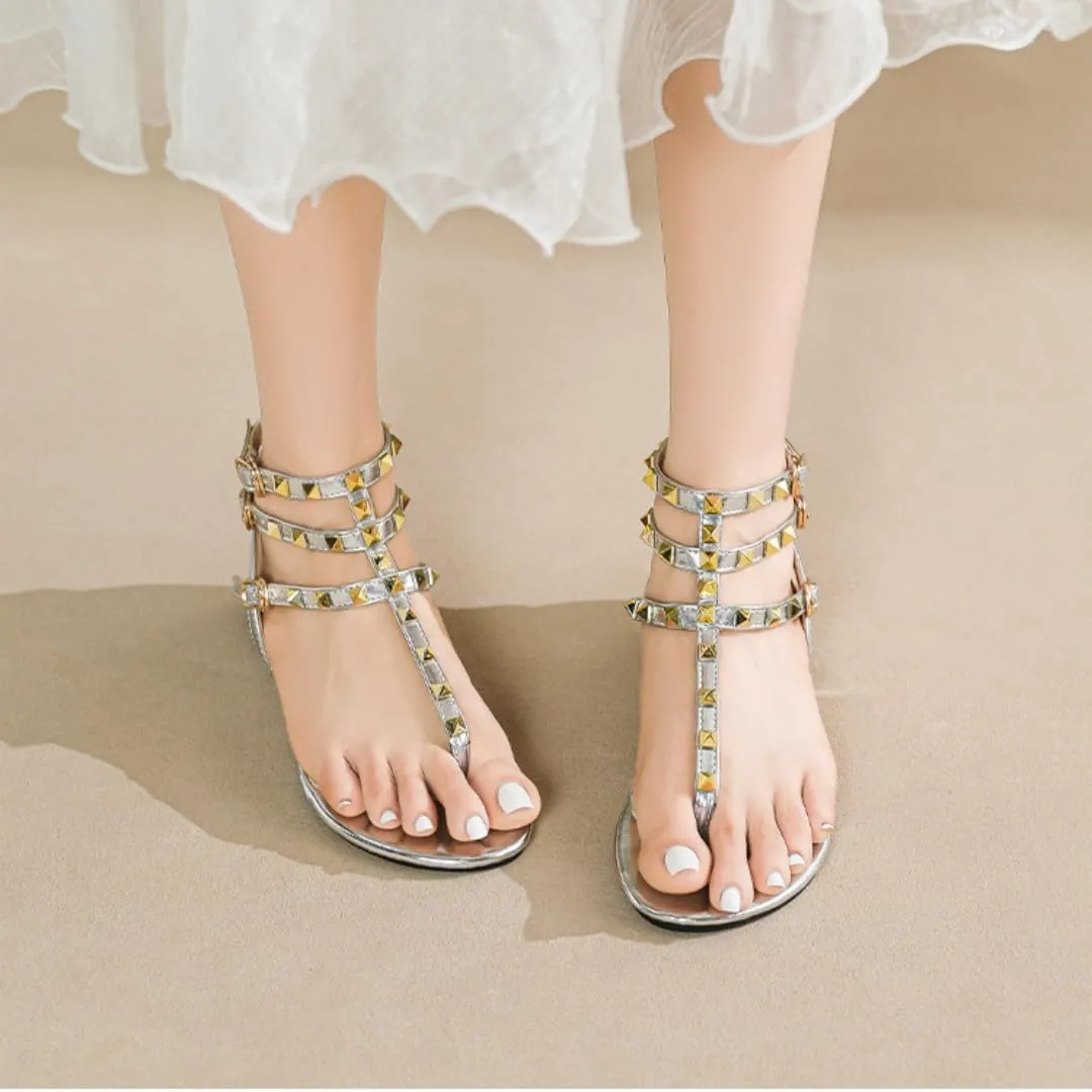 Studded Flat Thong Sandals for Women Slingback Three Adjustable Buckle Strap Gladiator Sandals Casual Summer Sandals