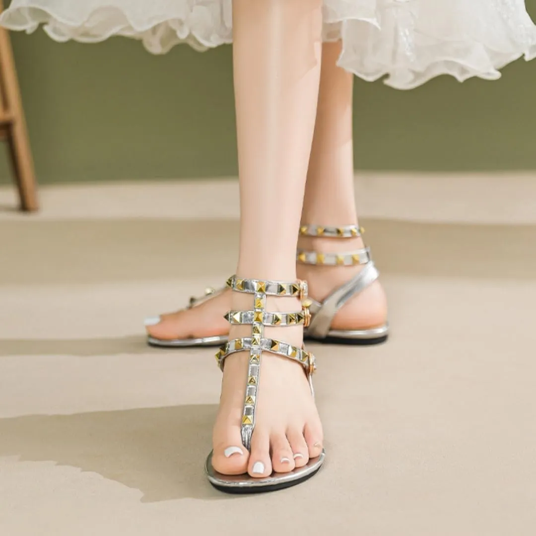 Studded Flat Thong Sandals for Women Slingback Three Adjustable Buckle Strap Gladiator Sandals Casual Summer Sandals