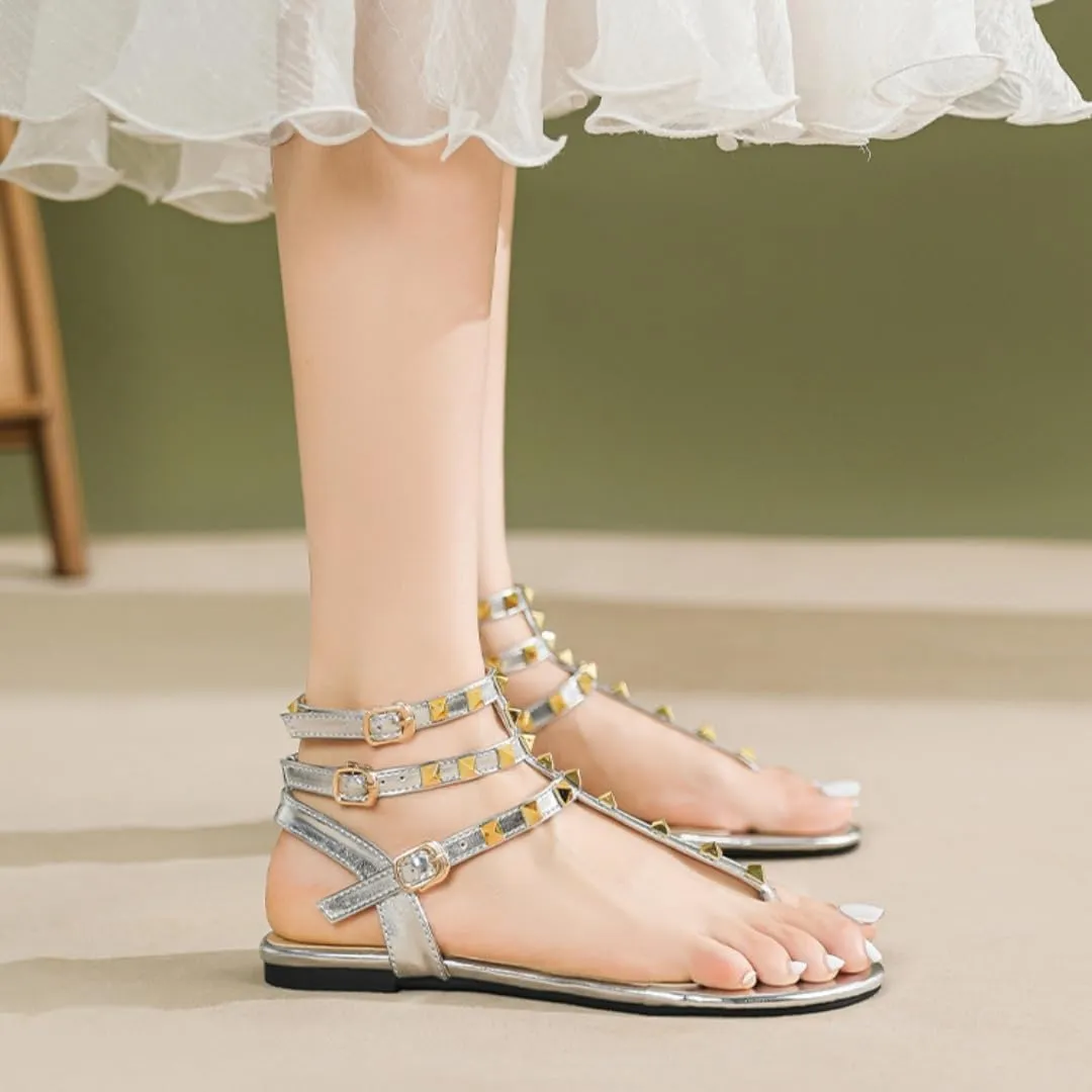 Studded Flat Thong Sandals for Women Slingback Three Adjustable Buckle Strap Gladiator Sandals Casual Summer Sandals