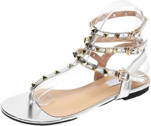 Studded Flat Thong Sandals for Women Slingback Three Adjustable Buckle Strap Gladiator Sandals Casual Summer Sandals
