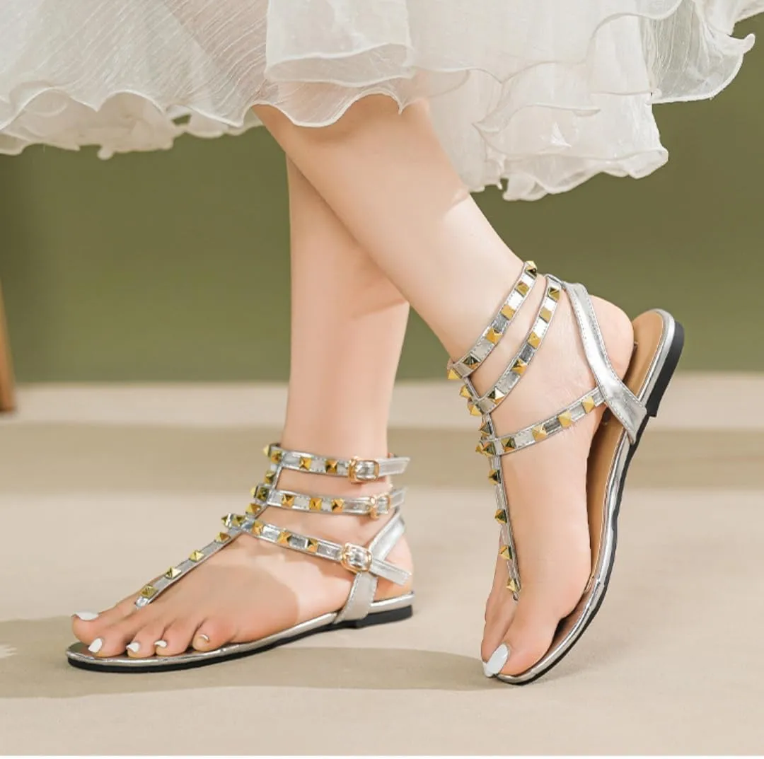 Studded Flat Thong Sandals for Women Slingback Three Adjustable Buckle Strap Gladiator Sandals Casual Summer Sandals