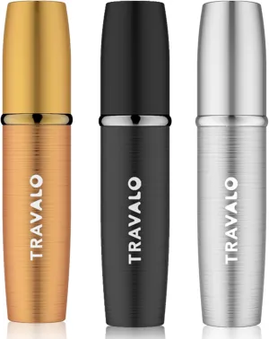Travalo LUX Perfume Atomizer Bundle - Leak-Proof and TSA Approved for Air Travel - Reusable, Easy Fill Mini Pump Sprayer - Lightweight, Brushed Polished Metal - Gold, Black, Silver - 3 Pack