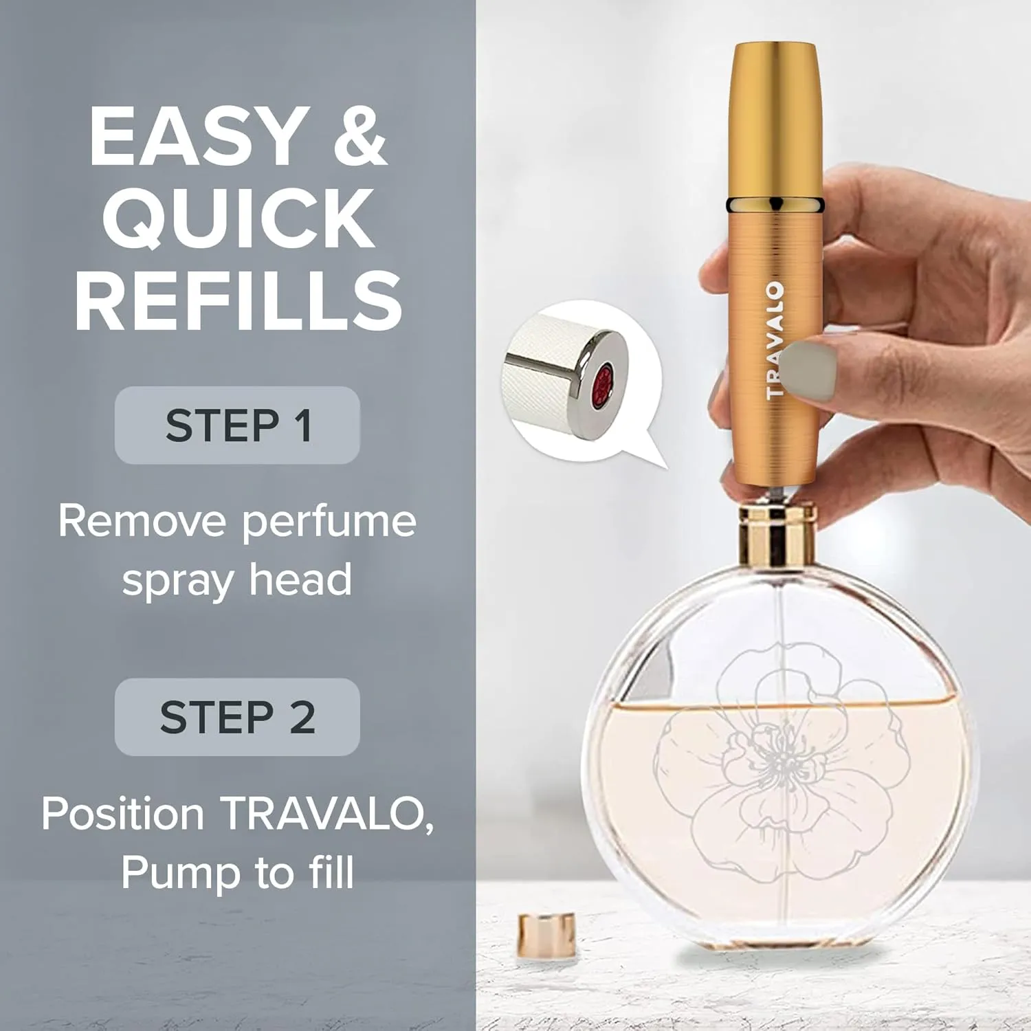Travalo LUX Perfume Atomizer Bundle - Leak-Proof and TSA Approved for Air Travel - Reusable, Easy Fill Mini Pump Sprayer - Lightweight, Brushed Polished Metal - Gold, Black, Silver - 3 Pack