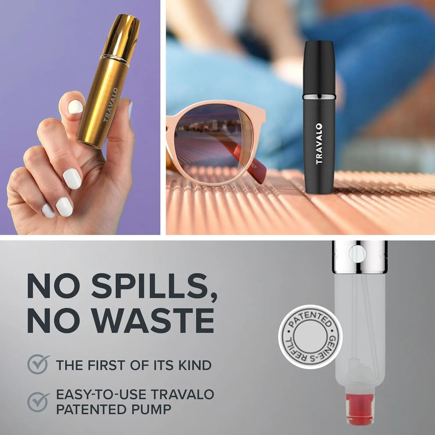 Travalo LUX Perfume Atomizer Bundle - Leak-Proof and TSA Approved for Air Travel - Reusable, Easy Fill Mini Pump Sprayer - Lightweight, Brushed Polished Metal - Gold, Black, Silver - 3 Pack