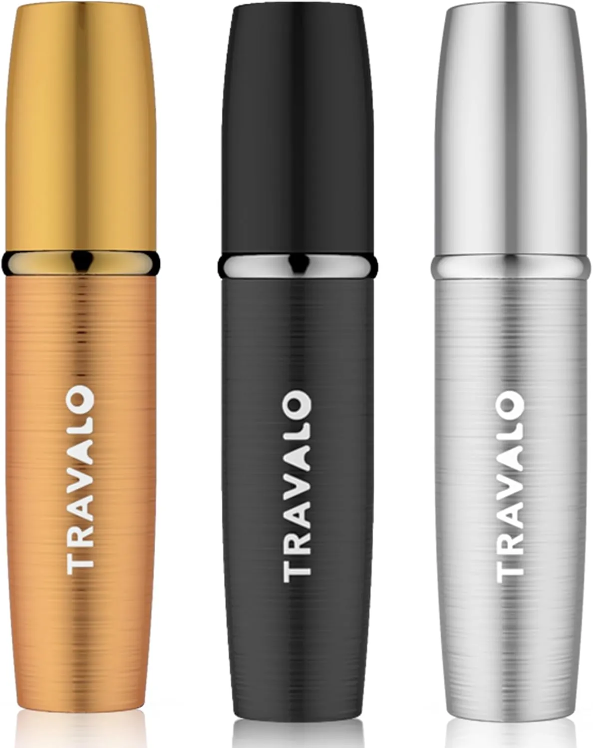 Travalo LUX Perfume Atomizer Bundle - Leak-Proof and TSA Approved for Air Travel - Reusable, Easy Fill Mini Pump Sprayer - Lightweight, Brushed Polished Metal - Gold, Black, Silver - 3 Pack