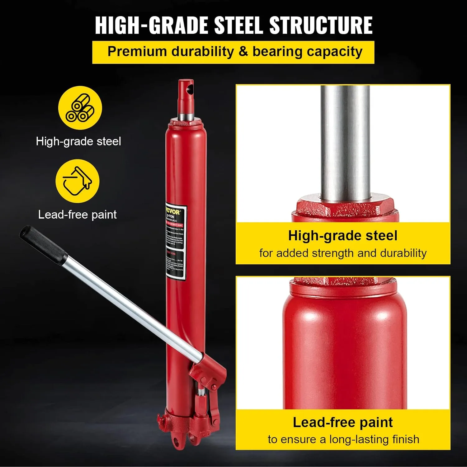 VEVOR Hydraulic Long Ram Jack, 3 Tons/6600 lbs Capacity, with Single Piston Pump and Clevis Base, Manual Cherry Picker w/Handle, for Garage/Shop Cranes, Engine Lift Hoist, Red