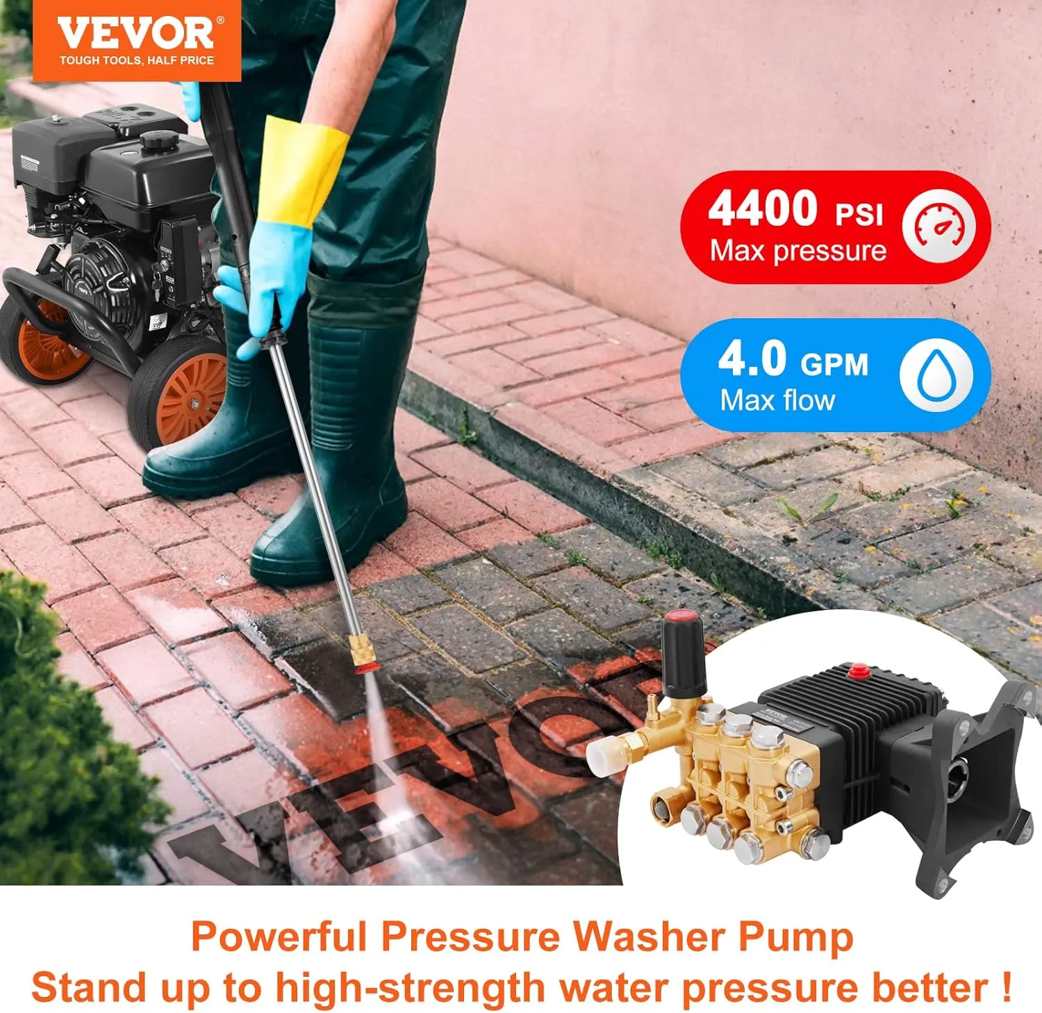 VEVOR Pressure Washer Pump, 4400 PSI, 4.0 GPM, 1" Shaft Horizontal Triplex Plunger, Replacement Power Washer Pumps Kit, Parts Washer Pump, Compatible with Simpson, Honda, Homelite, Troybilt etc.