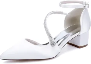 Wedding Bridal Shoes Women's Chunky Low Heels Pointed Toe Bridal Block Dress Ankle Strap Pump Wedding Sandals 4.5Cm