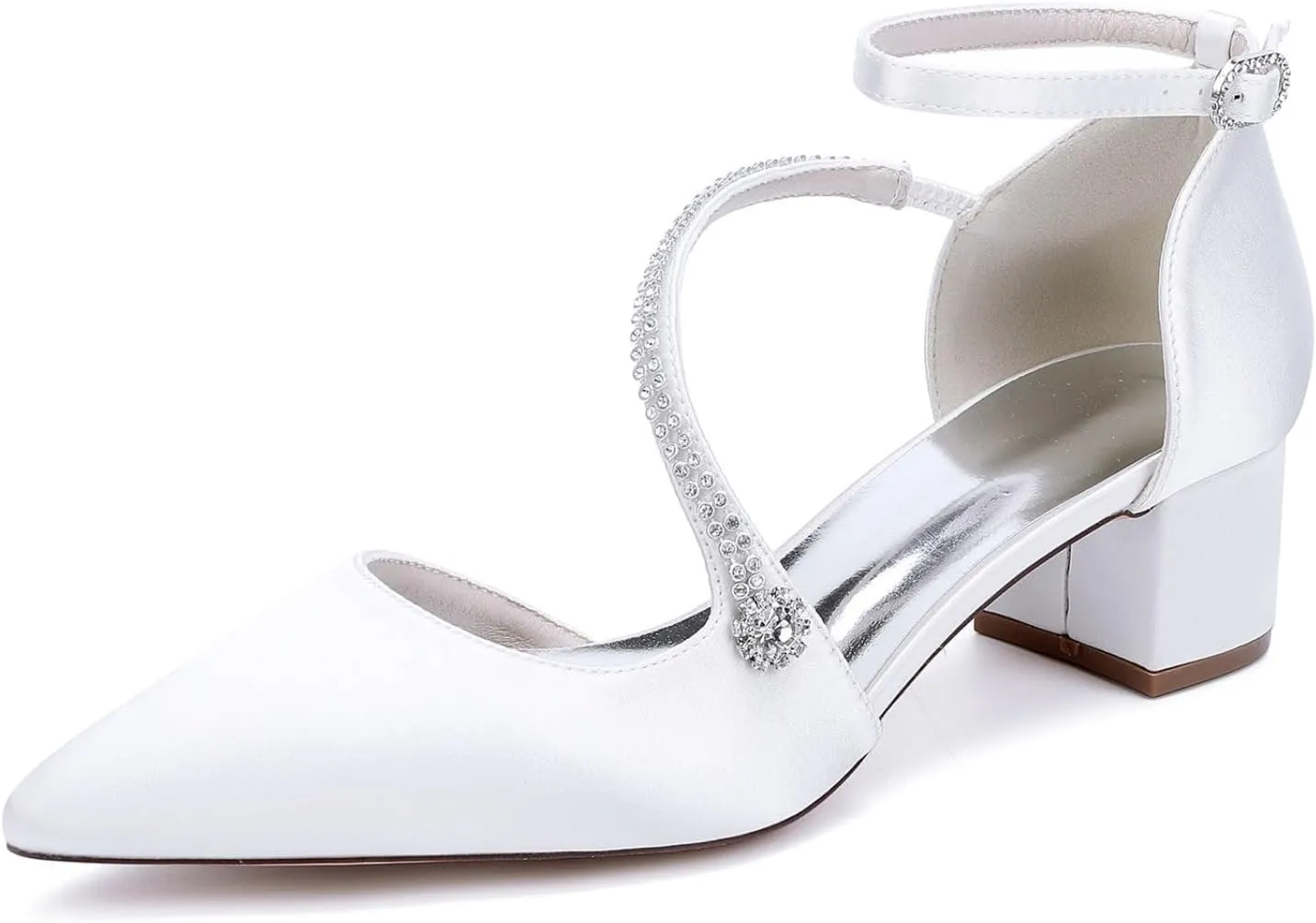 Wedding Bridal Shoes Women's Chunky Low Heels Pointed Toe Bridal Block Dress Ankle Strap Pump Wedding Sandals 4.5Cm