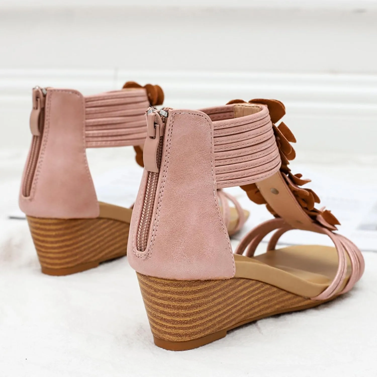 Wedge Sandals for Women Open Toe Casual Summer Roman High Heel, Dressy Flower T-Strap Walking Sandals with Zipper Comfortable Breathable Beach Sandal