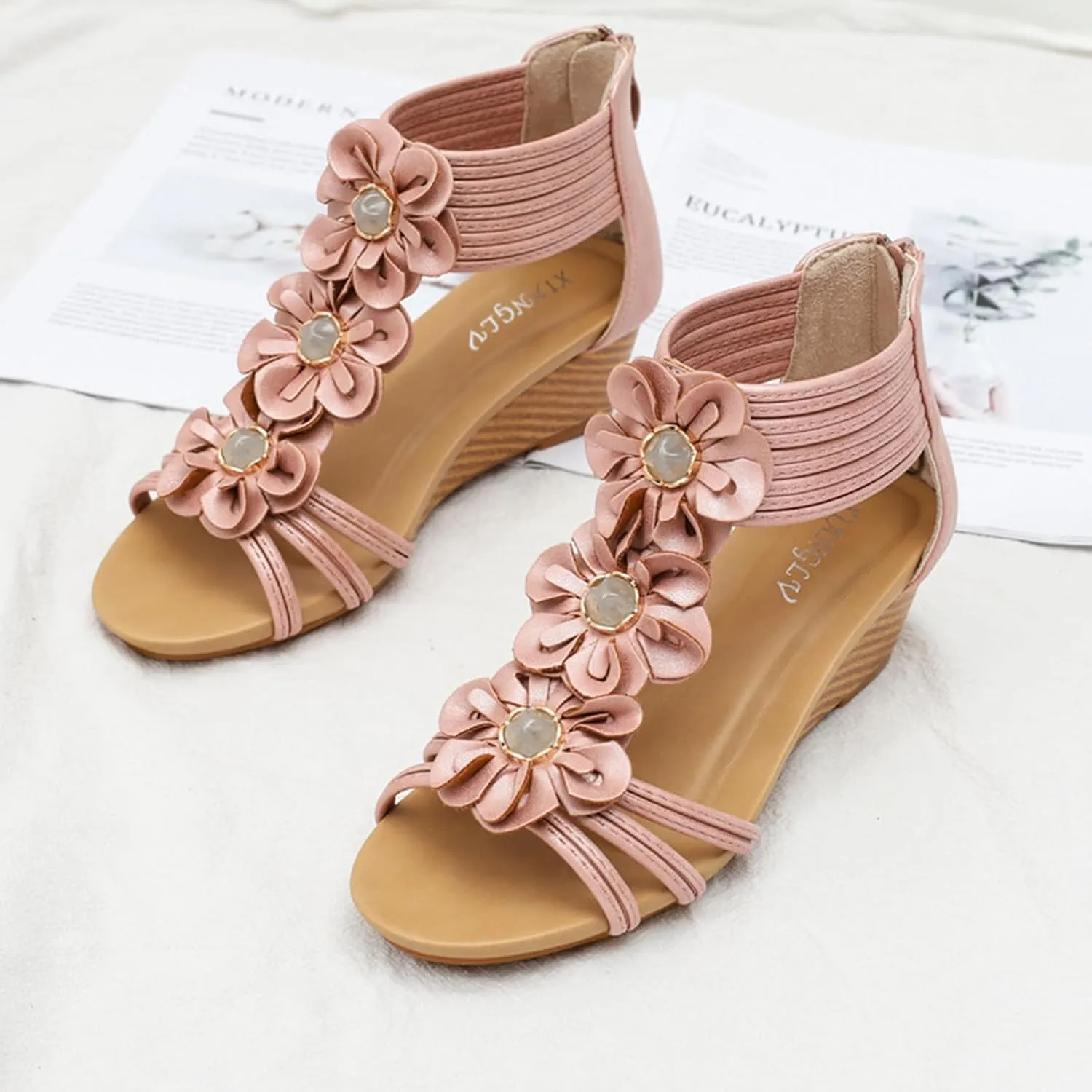 Wedge Sandals for Women Open Toe Casual Summer Roman High Heel, Dressy Flower T-Strap Walking Sandals with Zipper Comfortable Breathable Beach Sandal