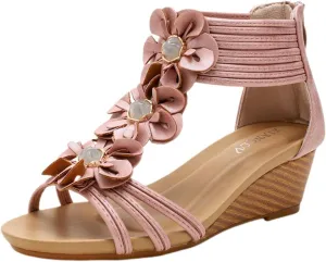 Wedge Sandals for Women Open Toe Casual Summer Roman High Heel, Dressy Flower T-Strap Walking Sandals with Zipper Comfortable Breathable Beach Sandal