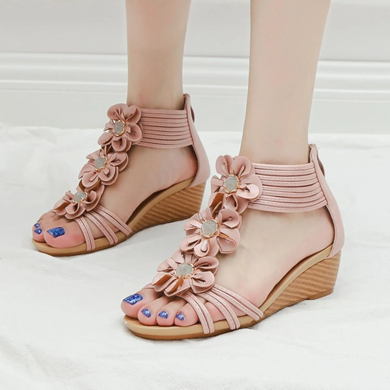 Wedge Sandals for Women Open Toe Casual Summer Roman High Heel, Dressy Flower T-Strap Walking Sandals with Zipper Comfortable Breathable Beach Sandal