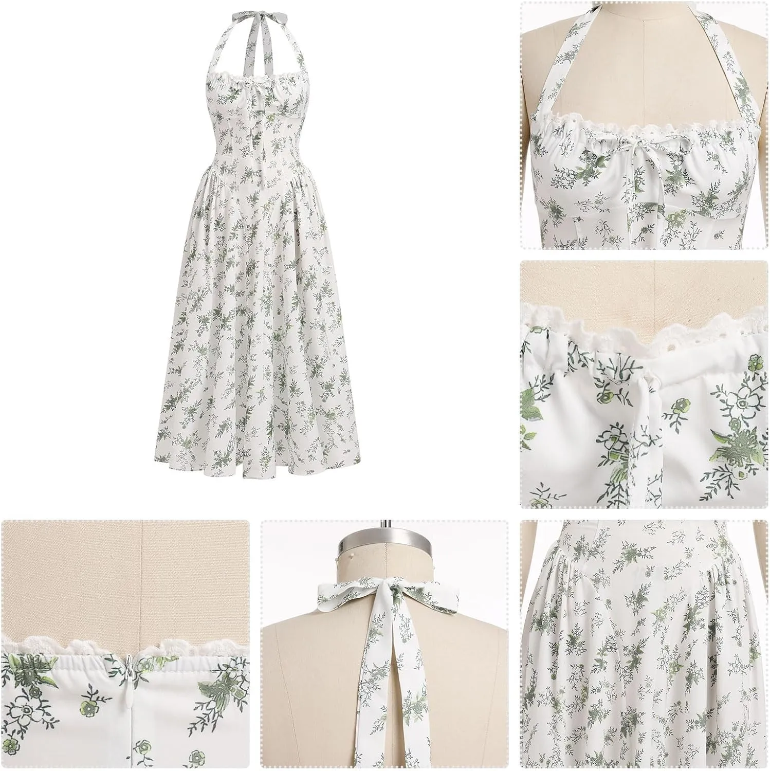 Women Floral Corset Dress Summer Dresses Boho Flowy Adjustable Halter Neck Lace Up Midi Dresses A Line Casual Sundress