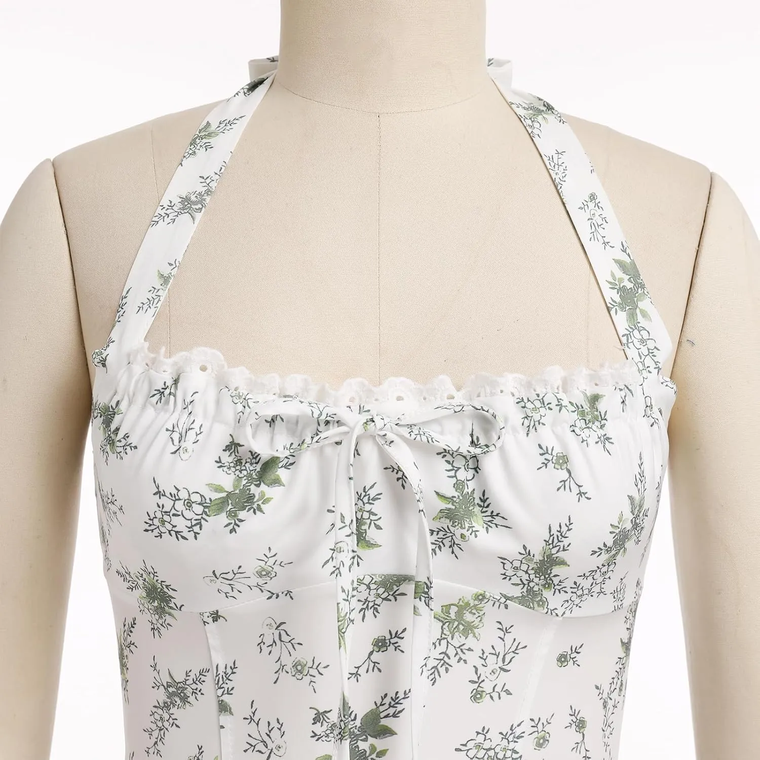 Women Floral Corset Dress Summer Dresses Boho Flowy Adjustable Halter Neck Lace Up Midi Dresses A Line Casual Sundress