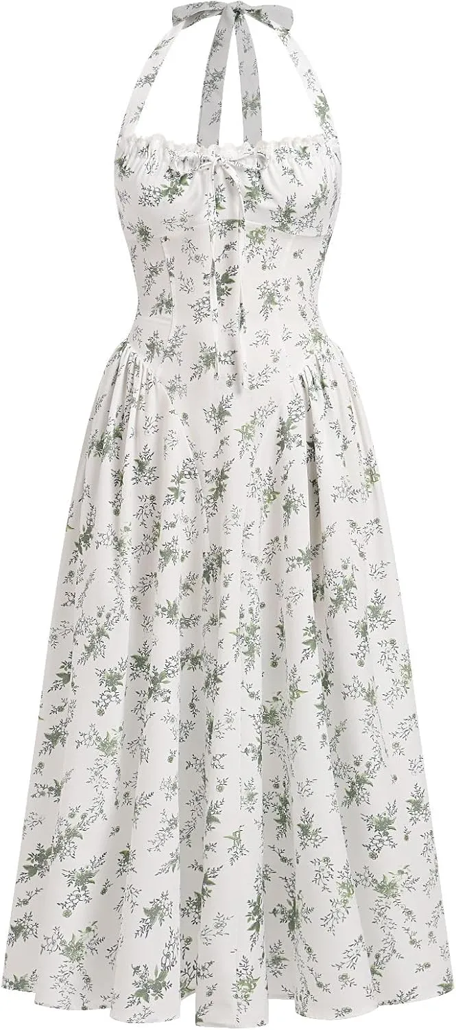 Women Floral Corset Dress Summer Dresses Boho Flowy Adjustable Halter Neck Lace Up Midi Dresses A Line Casual Sundress