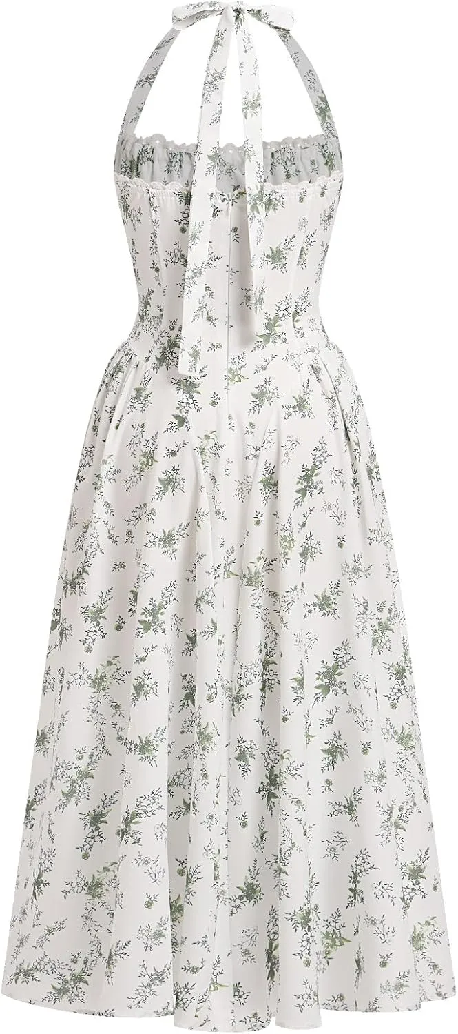 Women Floral Corset Dress Summer Dresses Boho Flowy Adjustable Halter Neck Lace Up Midi Dresses A Line Casual Sundress