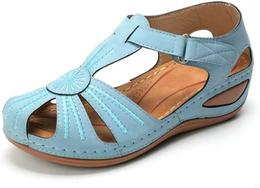 Women Floral Splicing Wedges - Made from PU & Rubber - Features Comfortable Round Toe & Adjustable Hook & Loop Closure - Beach Summer Casual Slippers for Women, Orange