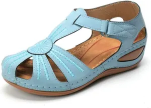 Women Floral Splicing Wedges - Made from PU & Rubber - Features Comfortable Round Toe & Adjustable Hook & Loop Closure - Beach Summer Casual Slippers for Women, Orange