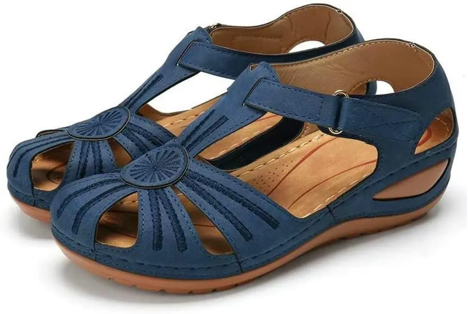 Women Floral Splicing Wedges - Made from PU & Rubber - Features Comfortable Round Toe & Adjustable Hook & Loop Closure - Beach Summer Casual Slippers for Women, Orange