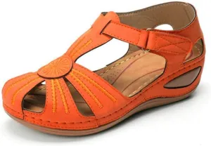 Women Floral Splicing Wedges - Made from PU & Rubber - Features Comfortable Round Toe & Adjustable Hook & Loop Closure - Beach Summer Casual Slippers for Women, Orange