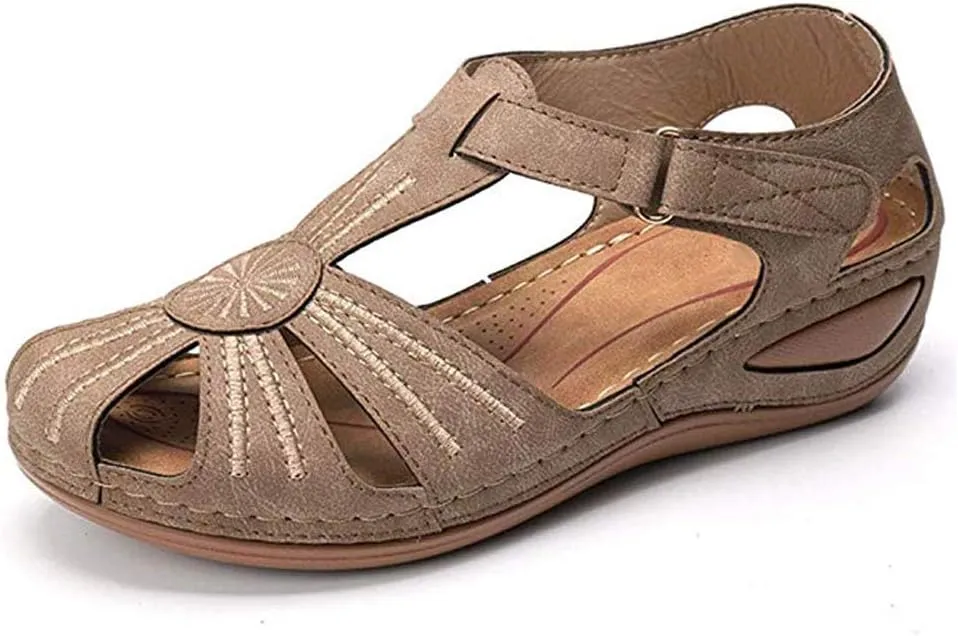 Women Floral Splicing Wedges - Made from PU & Rubber - Features Comfortable Round Toe & Adjustable Hook & Loop Closure - Beach Summer Casual Slippers for Women, Orange