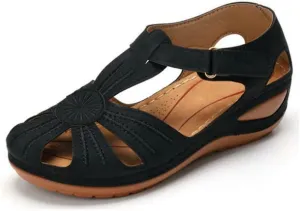 Women Floral Splicing Wedges - Made from PU & Rubber - Features Comfortable Round Toe & Adjustable Hook & Loop Closure - Beach Summer Casual Slippers for Women, Orange
