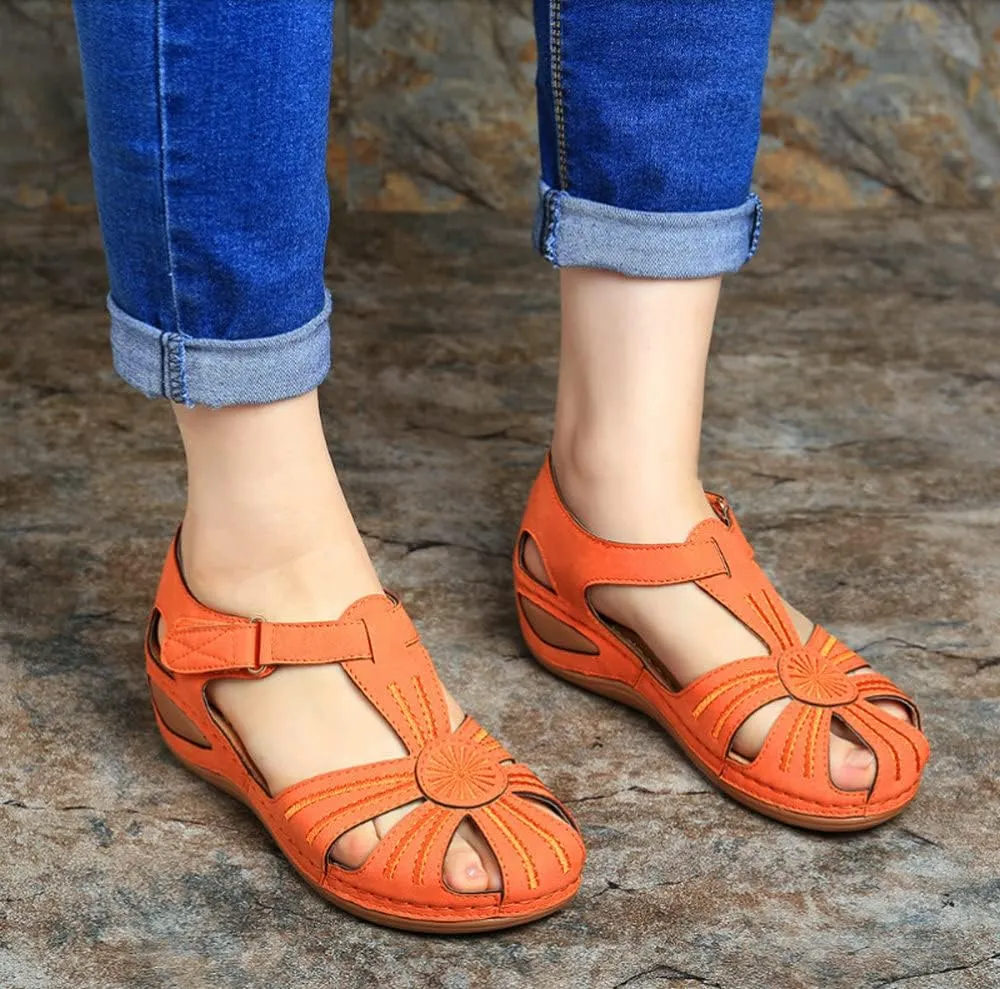 Women Floral Splicing Wedges - Made from PU & Rubber - Features Comfortable Round Toe & Adjustable Hook & Loop Closure - Beach Summer Casual Slippers for Women, Orange